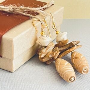 Organic Wood Boho Earrings, 14K Gold-Filled, Pierced or Clip-On, 3 inches